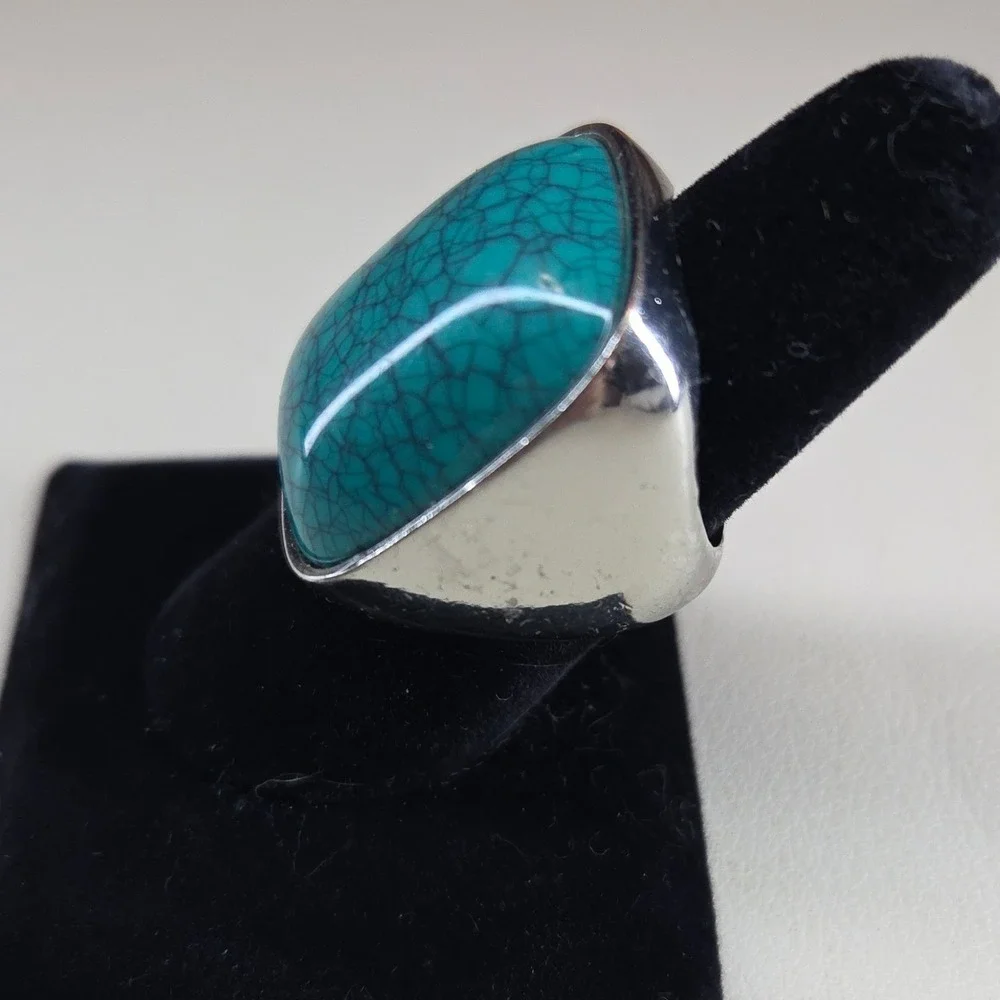 Boho Statement Ring Faux Turquoise Silver Tone Chunky Band Southwestern Size 8.5